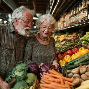 Щаслива пара похилого віку готує здорову їжу разом